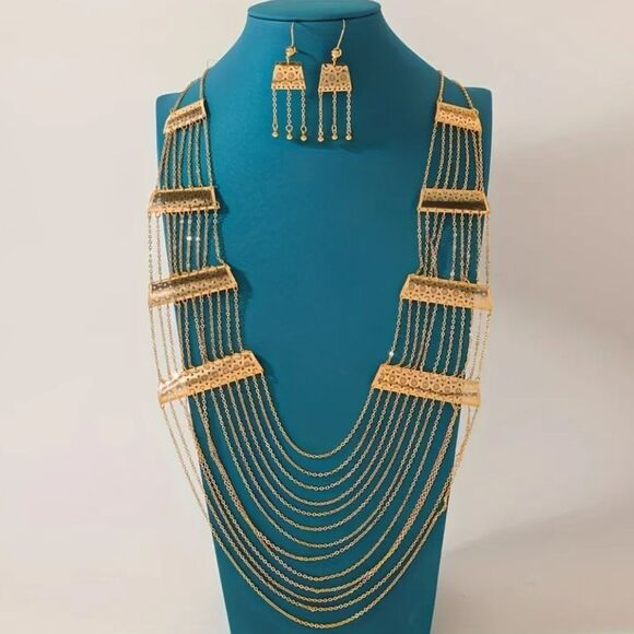 New ANTHRO Set filigree flower casscading chains necklace earrings Set - Picture 4 of 11